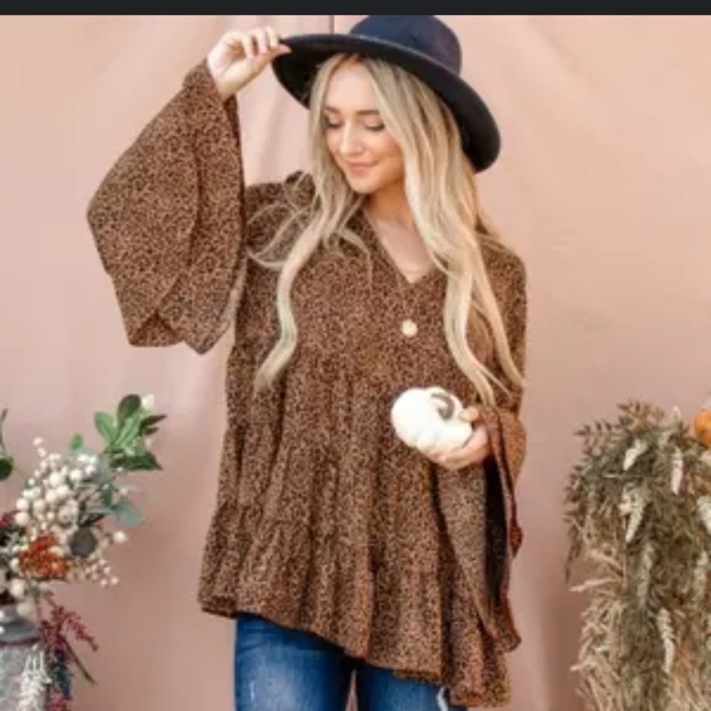 ANDTHEWHY Double Bell Sleeves Leopard Print Woven Top Boho Western Sz S